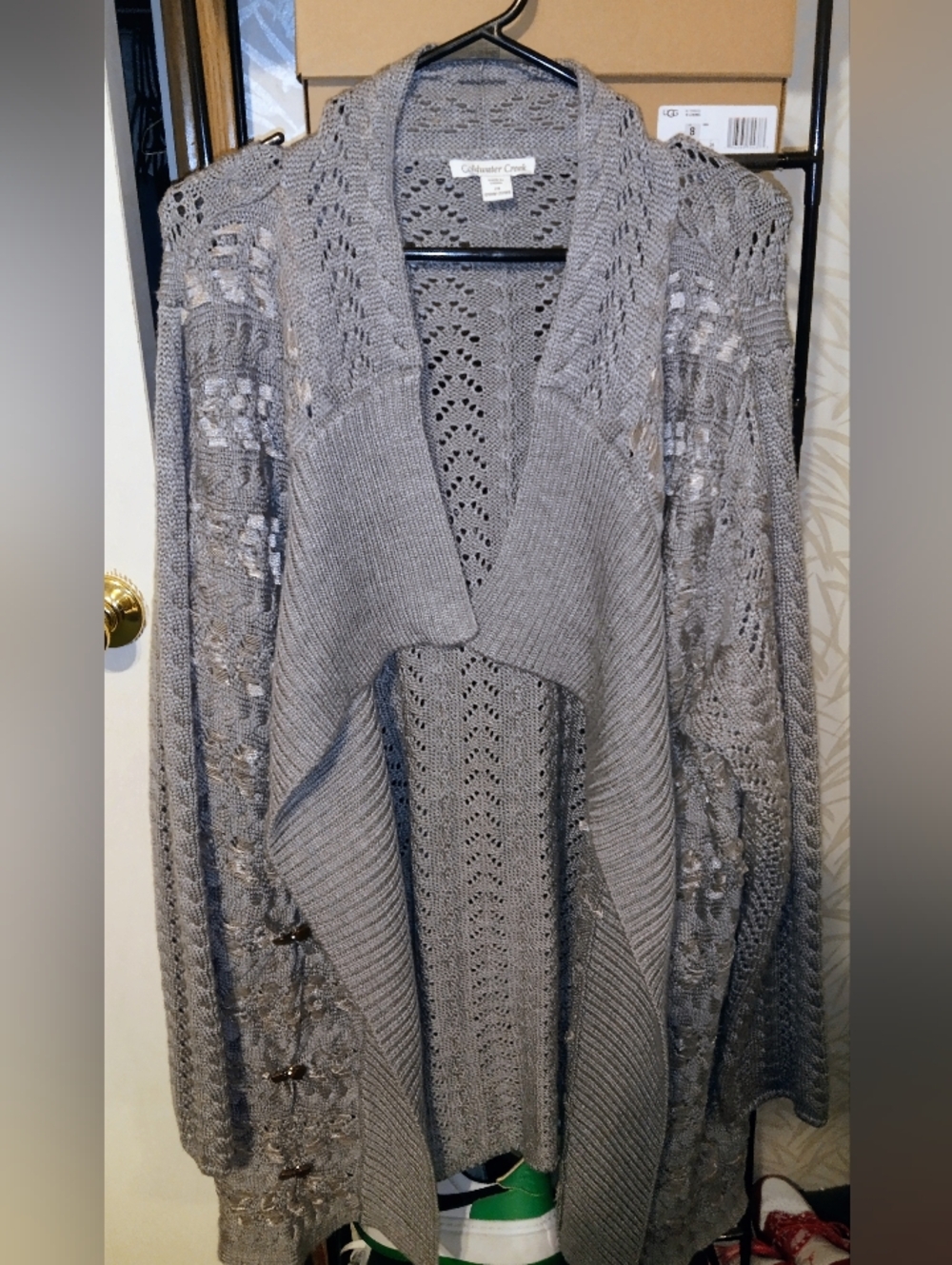 Gorgeous Coldwater Creek Light Gray Open-Front Knit Duster & Toggle Accents~2XL